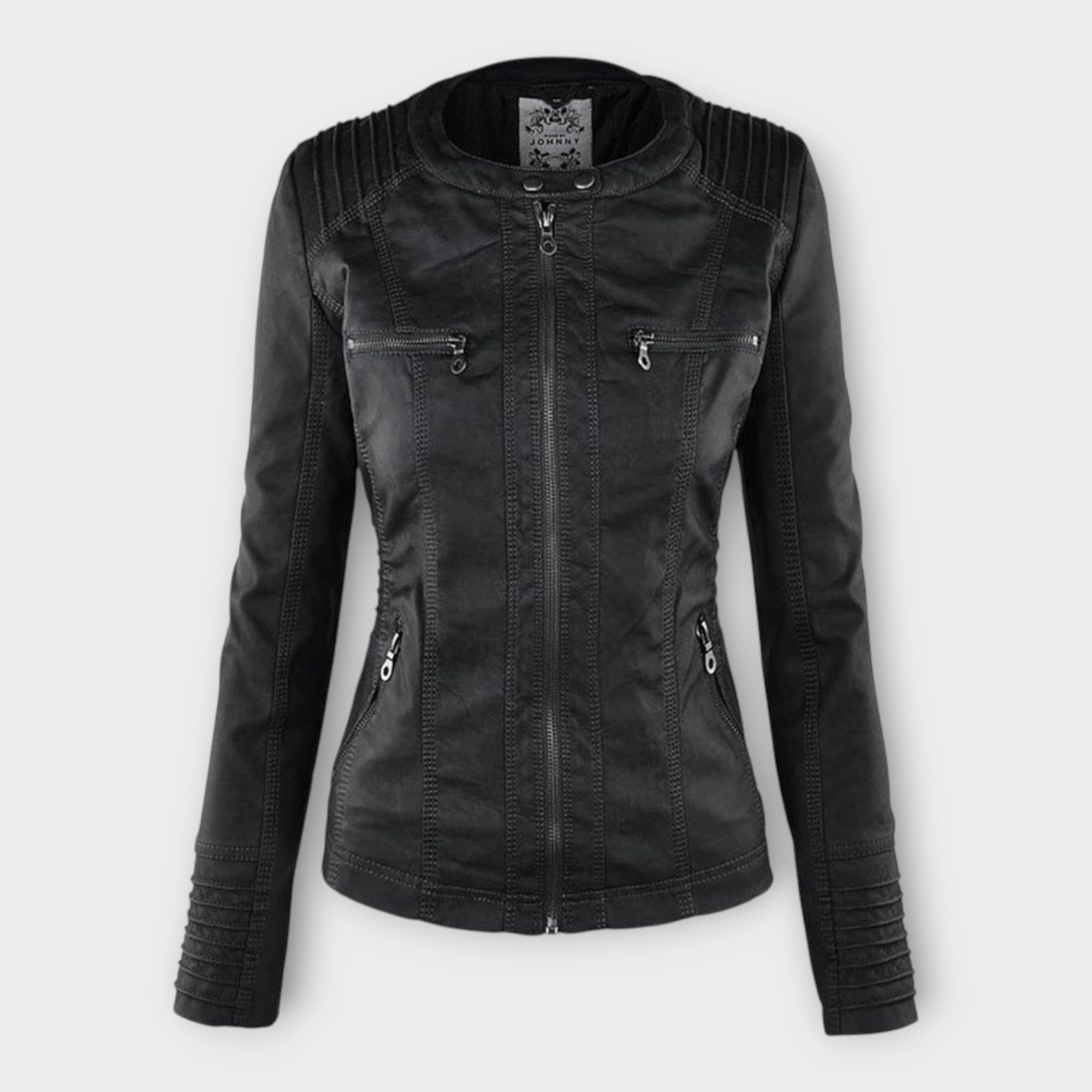 Chaqueta de cuero moderna con capucha y línea atemporal