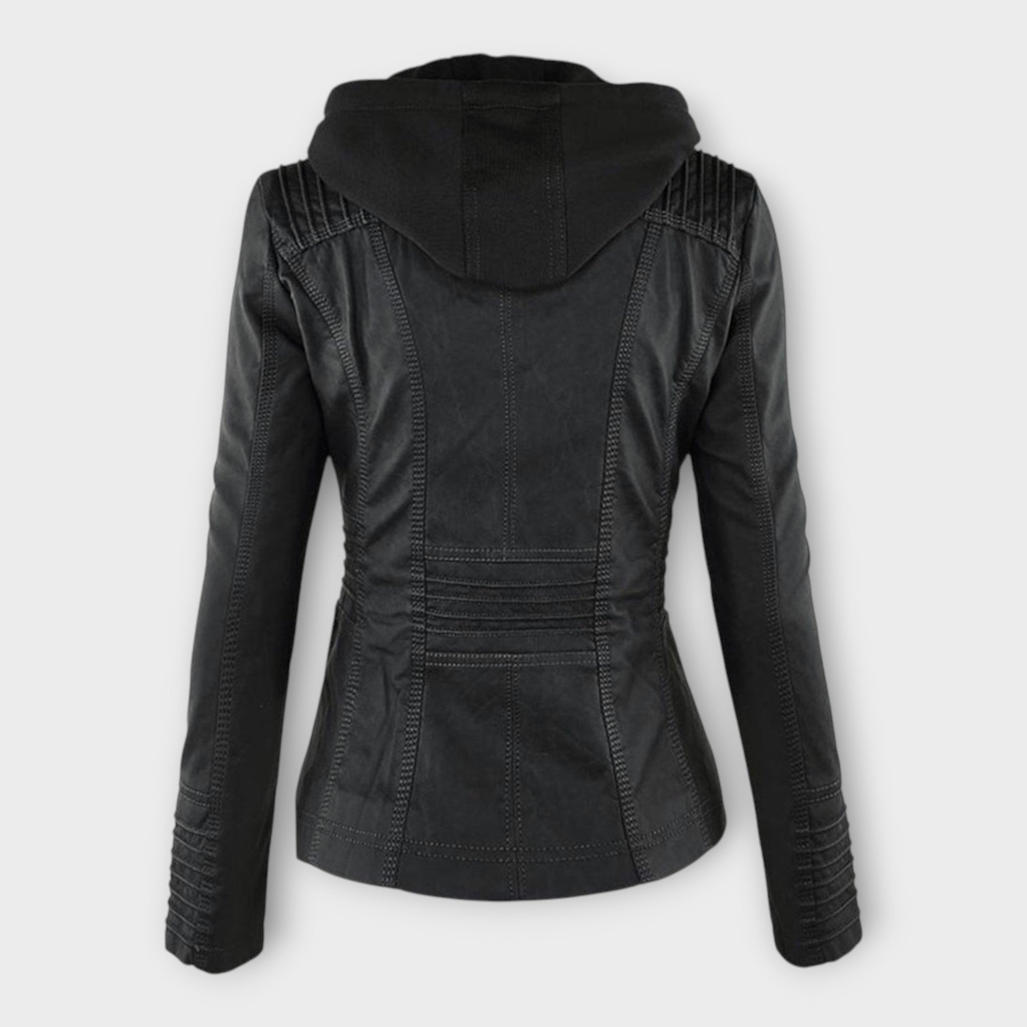 Chaqueta de cuero moderna con capucha y línea atemporal