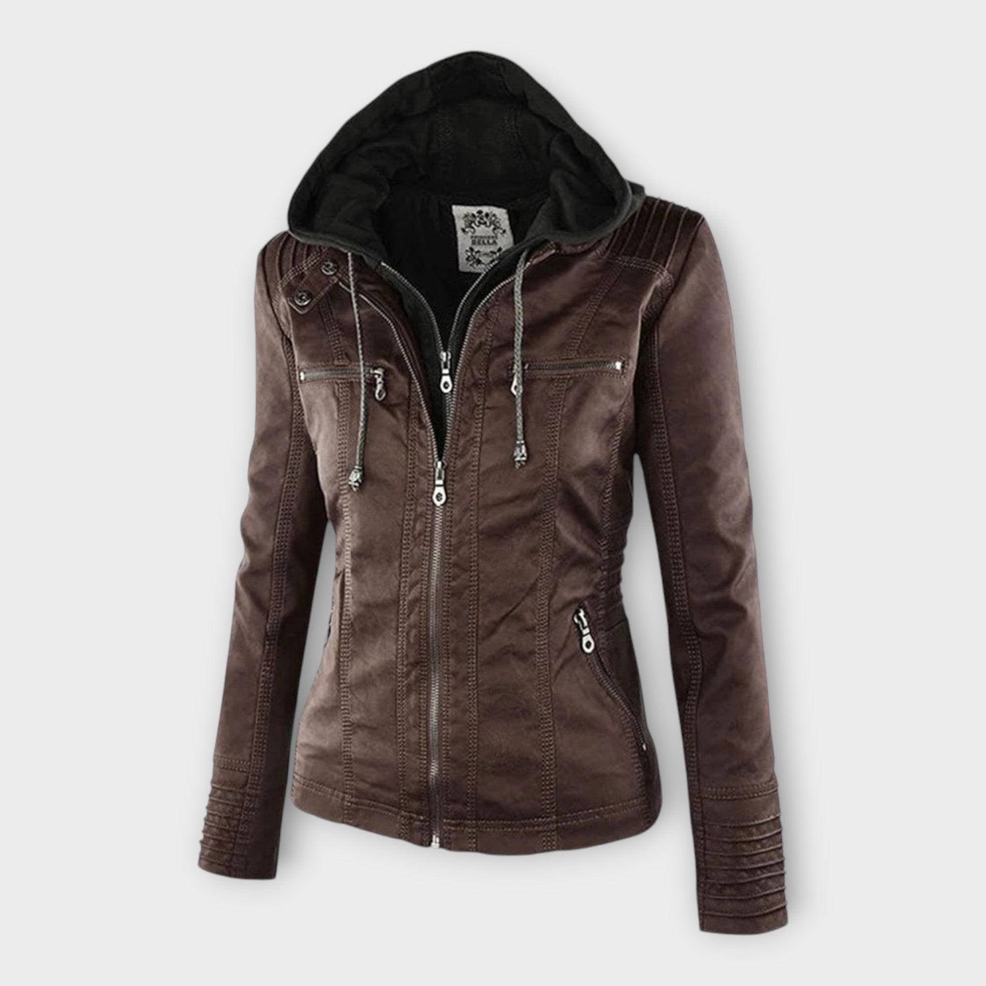 Chaqueta de cuero moderna con capucha y línea atemporal