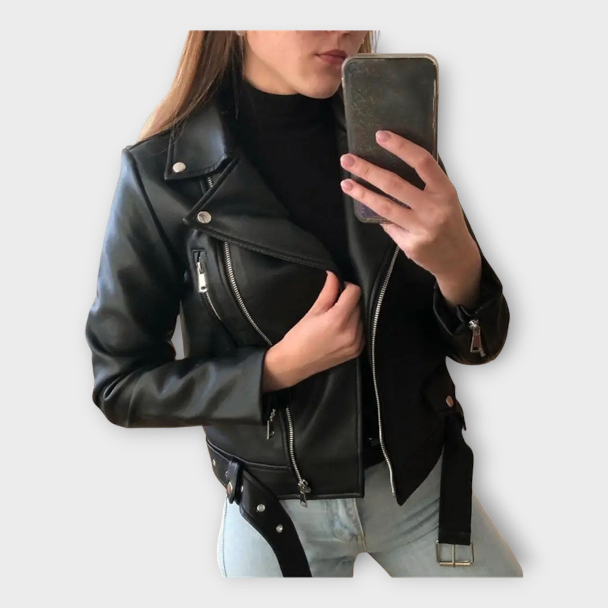 Chaqueta de cuero moderna con cinturón y cremallera