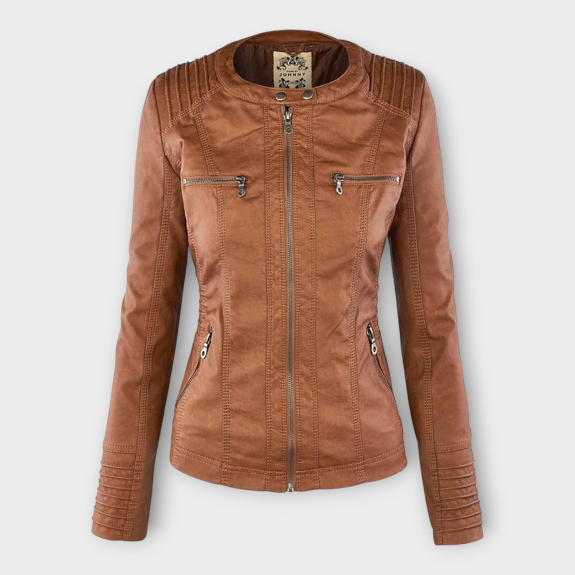 Chaqueta de cuero moderna con capucha y línea atemporal