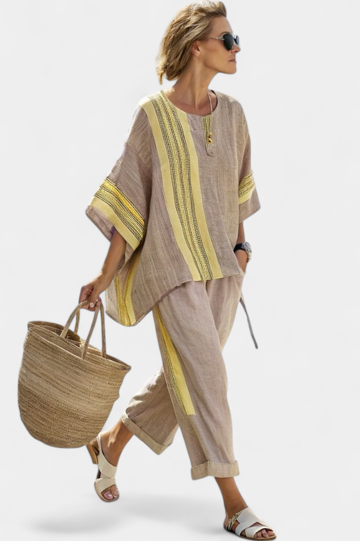 Juego de lino de bambú con encantadores detalles de rayas en lavanda y amarillo.