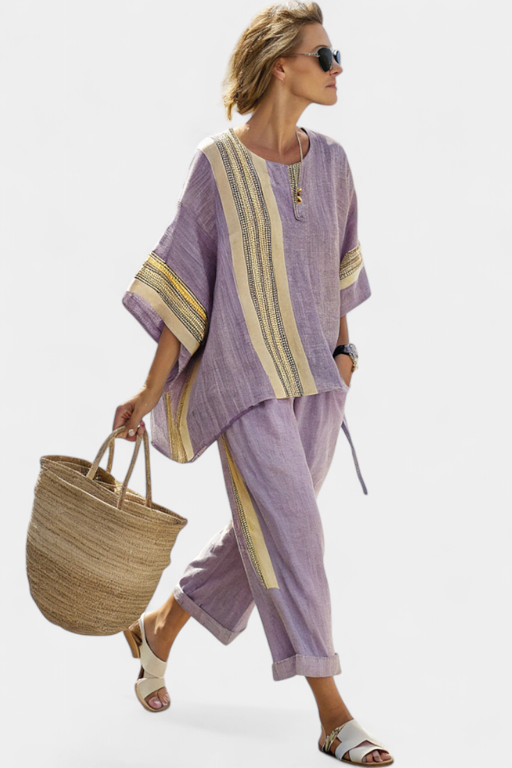 Juego de lino de bambú con encantadores detalles de rayas en lavanda y amarillo.