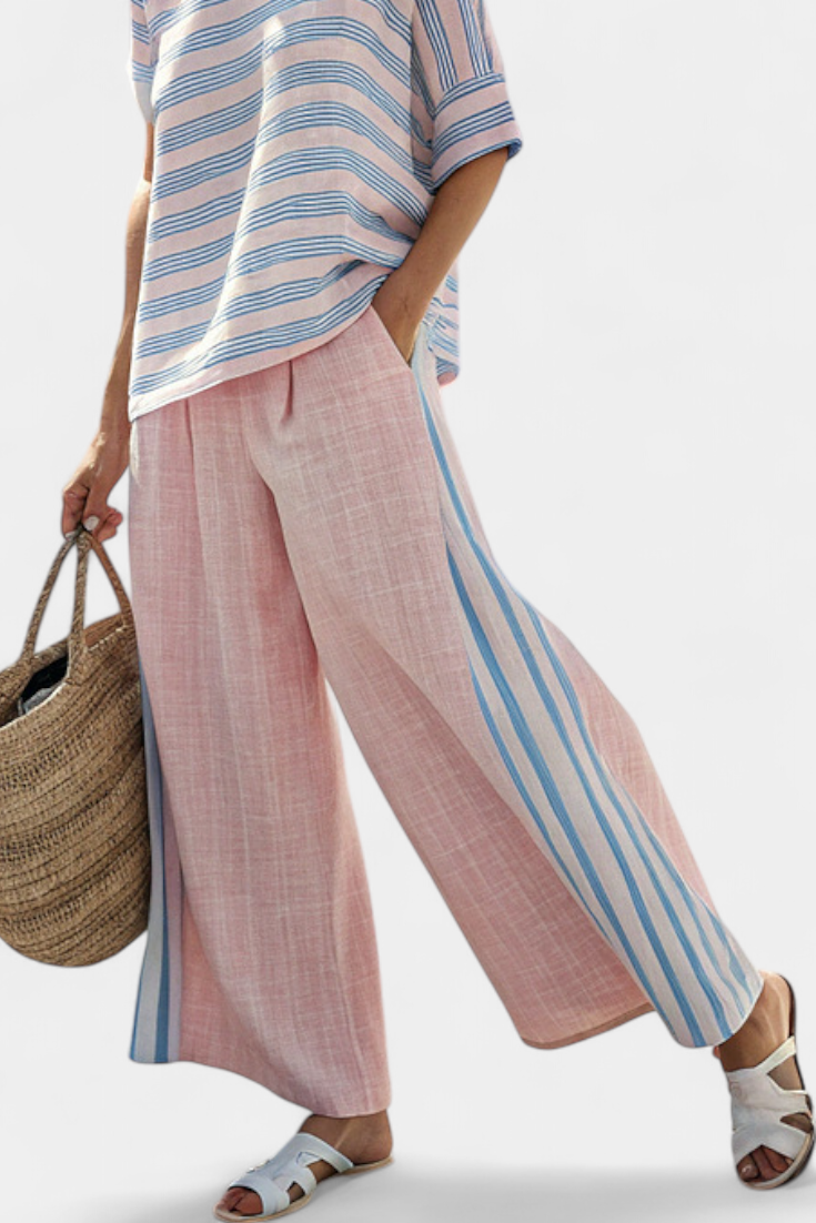Juego de lino de bambú mediterráneo Daisy en rosa suave con elegantes rayas azules