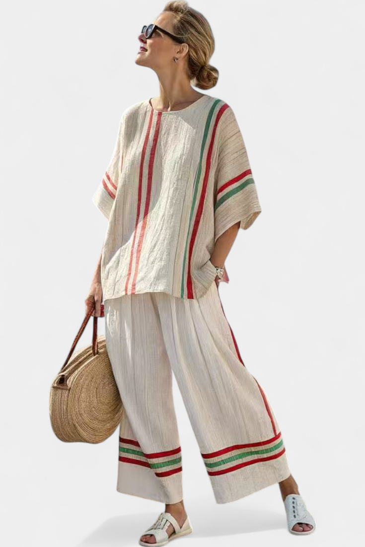 Conjunto mediterráneo de margaritas de lino y bambú con elegantes rayas rojas y verdes