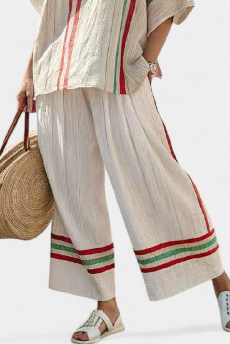 Conjunto mediterráneo de margaritas de lino y bambú con elegantes rayas rojas y verdes