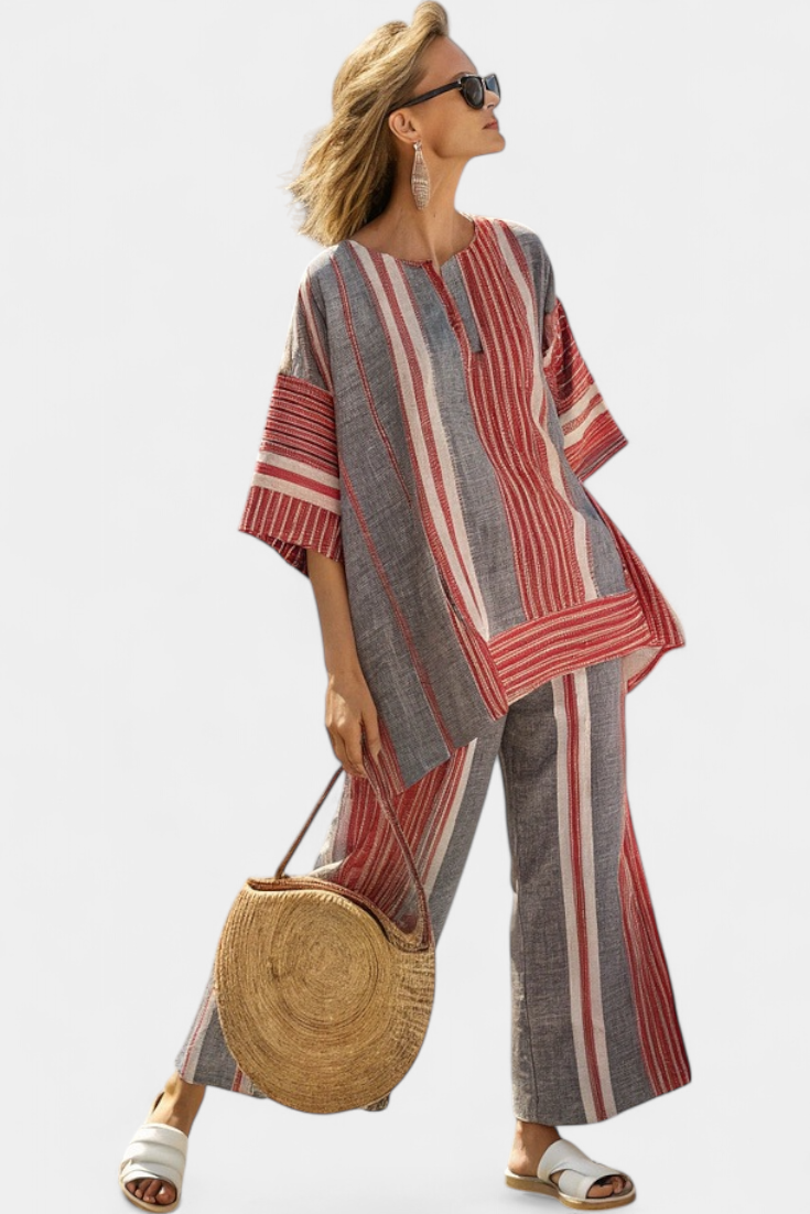 Peto extragrande de lino Daisy con rayas coral y grises, estilo moderno y cómodo.