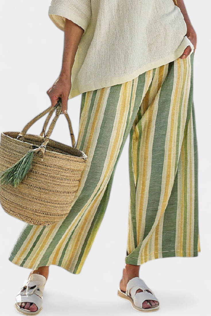 Mono de lino de bambú mediterráneo Daisy con rayas oliva para un estilo refrescante y elegante