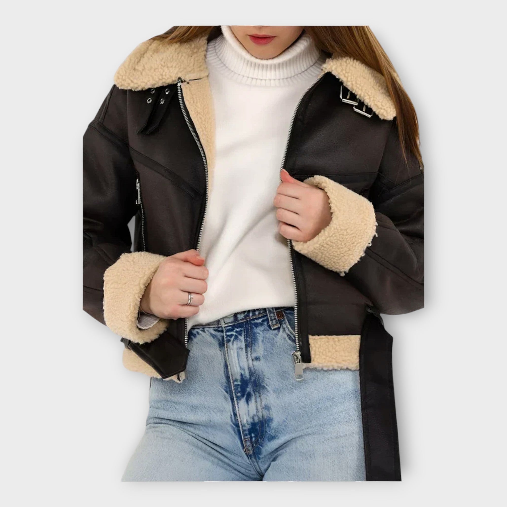 Chaqueta de cuero moderna con forro y cinturón