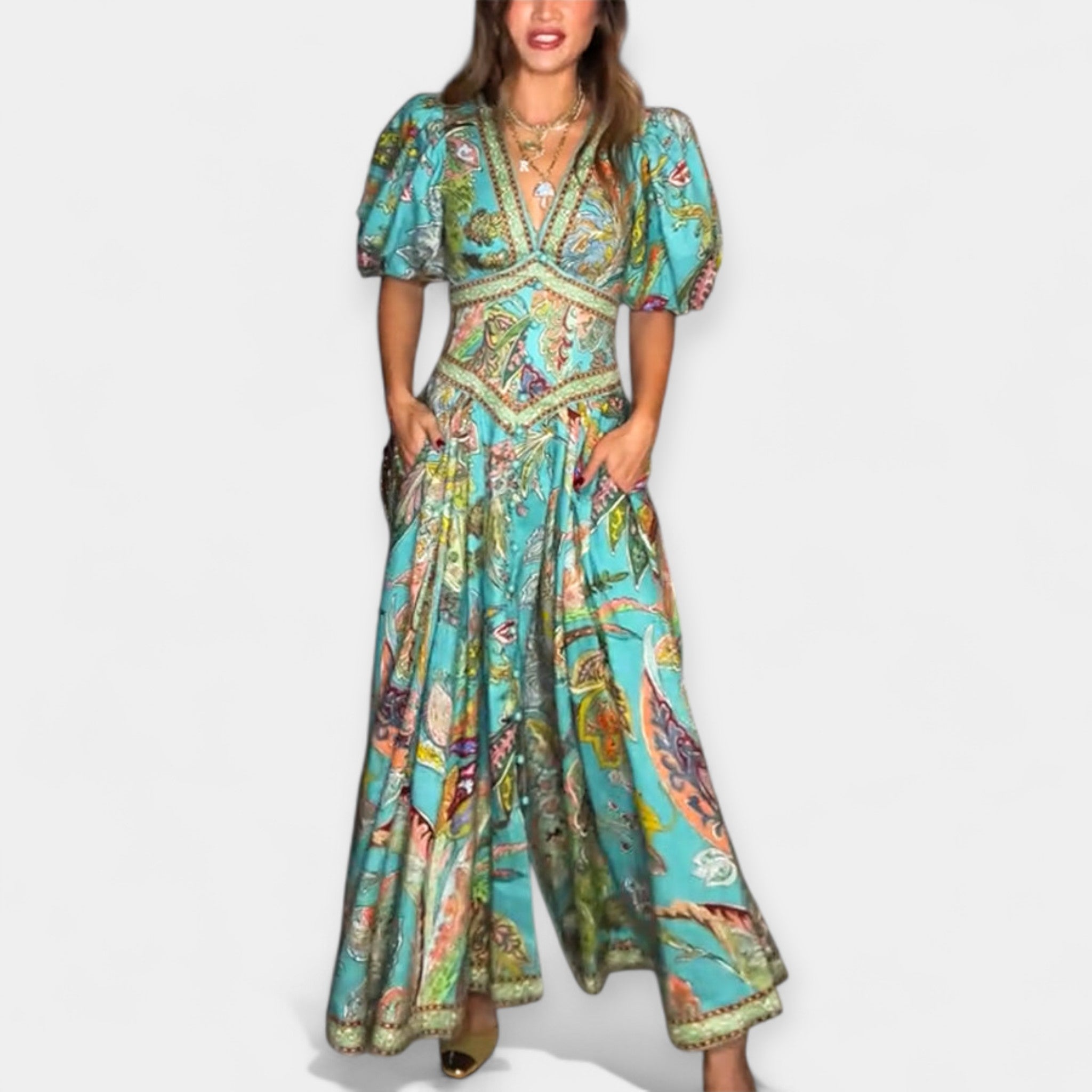 Vestido Maxi Aireado con Mangas Abullonadas