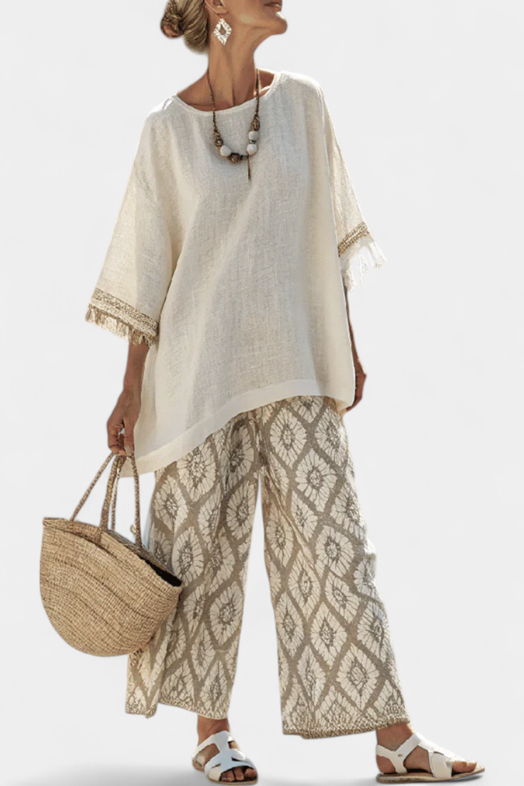 Conjunto Boho Chic Daisy: blusa larga y pantalón estampado para un estilo único