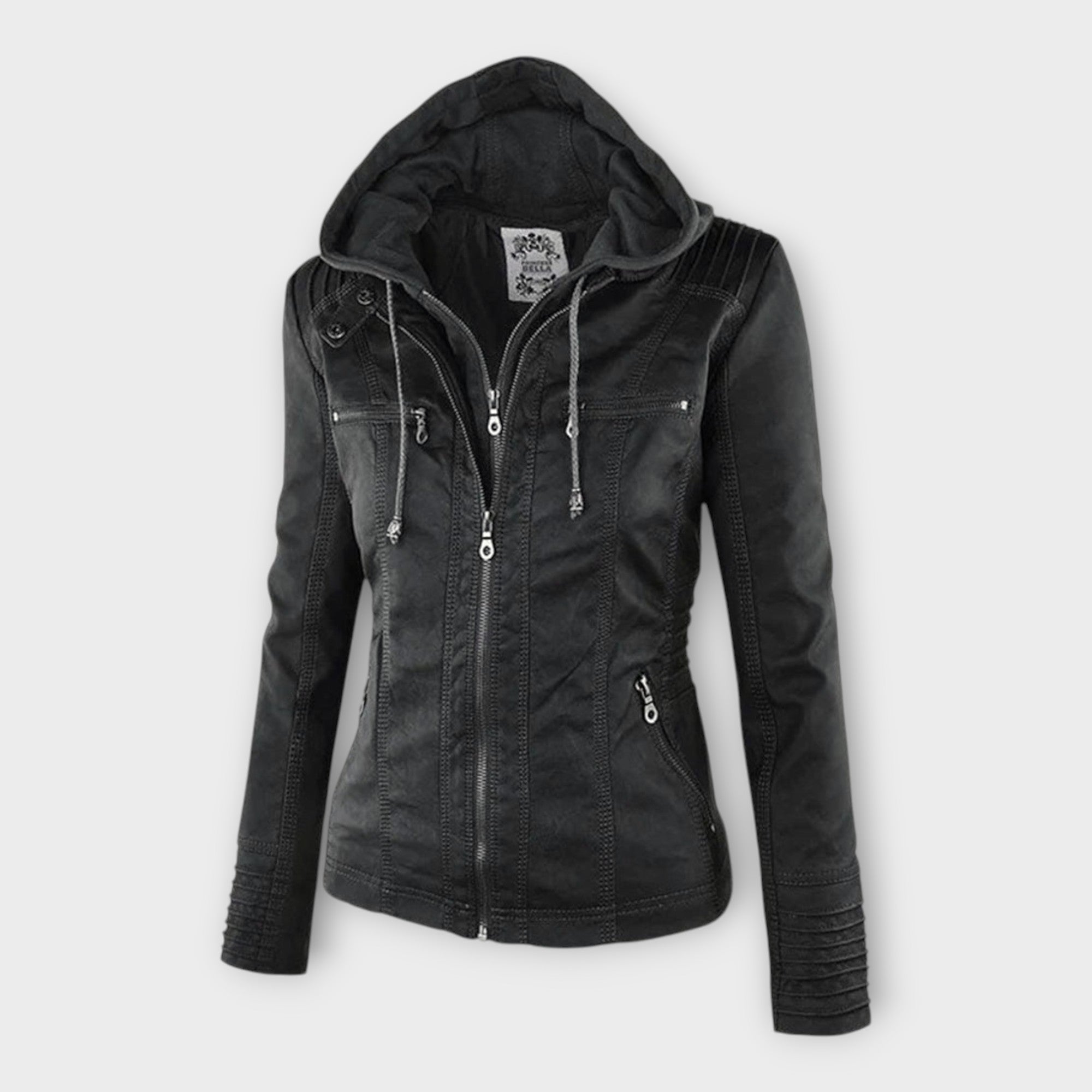 Chaqueta de cuero moderna con capucha y línea atemporal