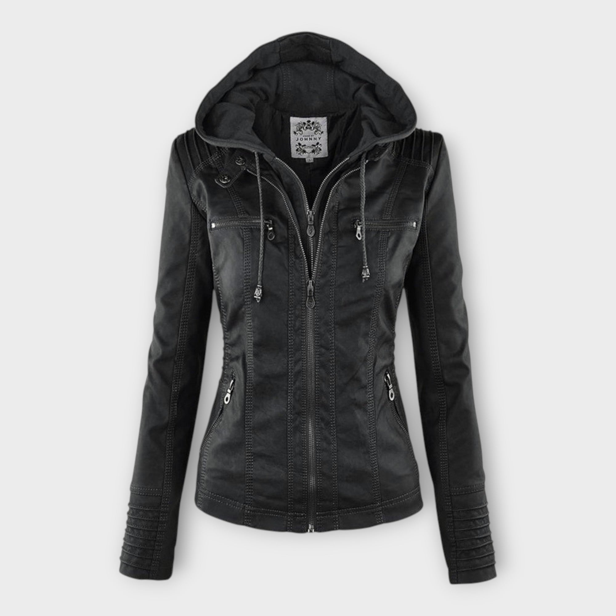 Chaqueta de cuero moderna con capucha y línea atemporal