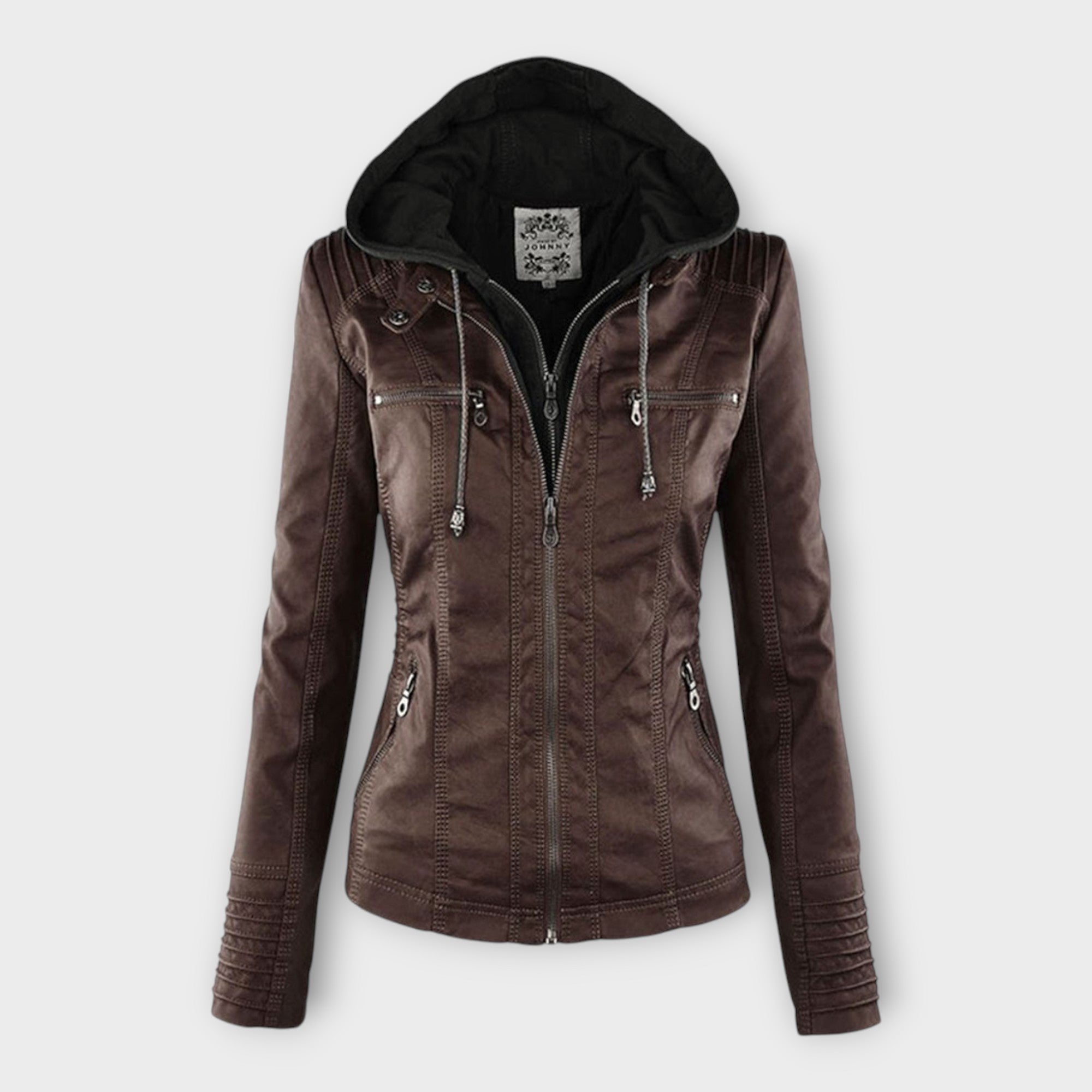 Chaqueta de cuero moderna con capucha y línea atemporal