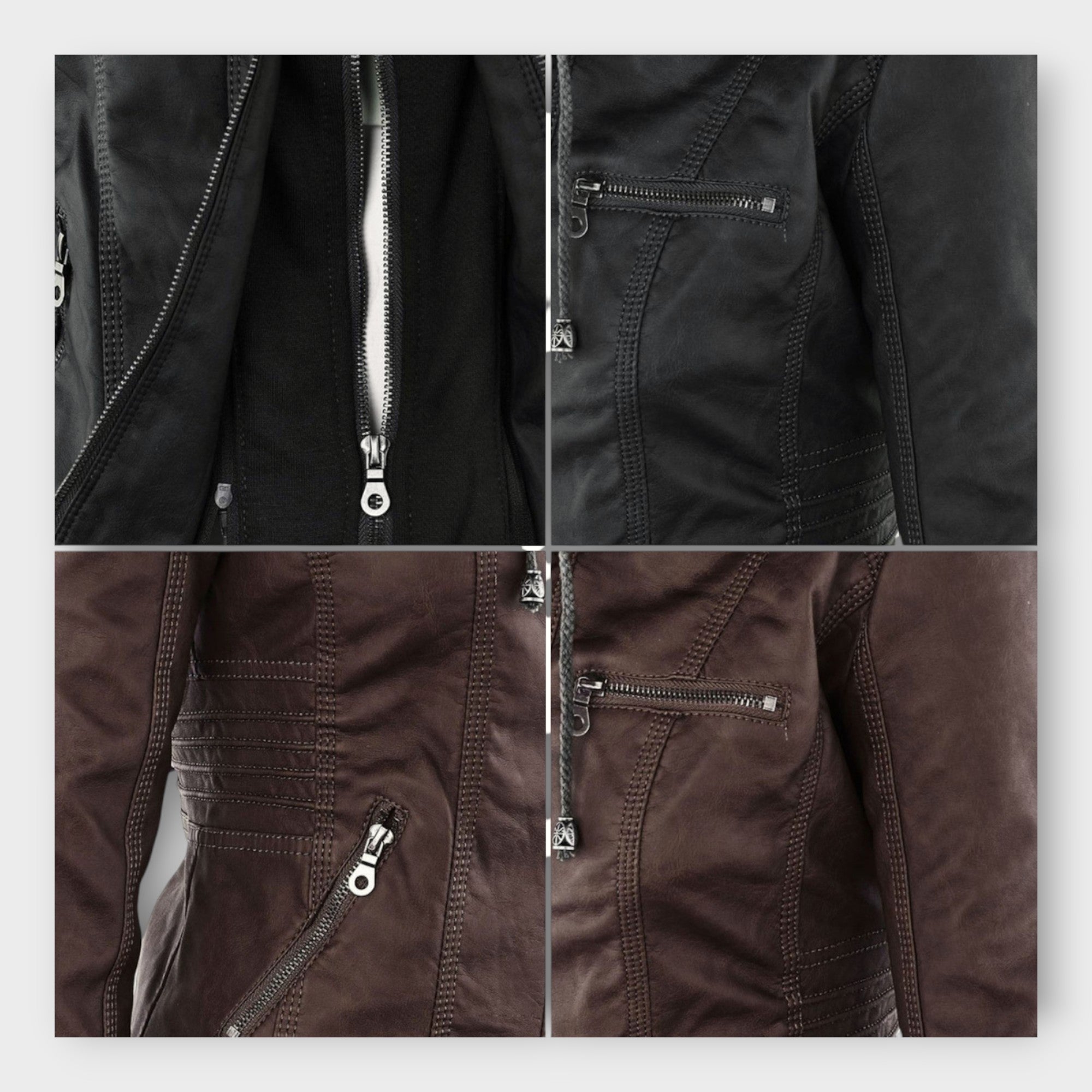 Chaqueta de cuero moderna con capucha y línea atemporal