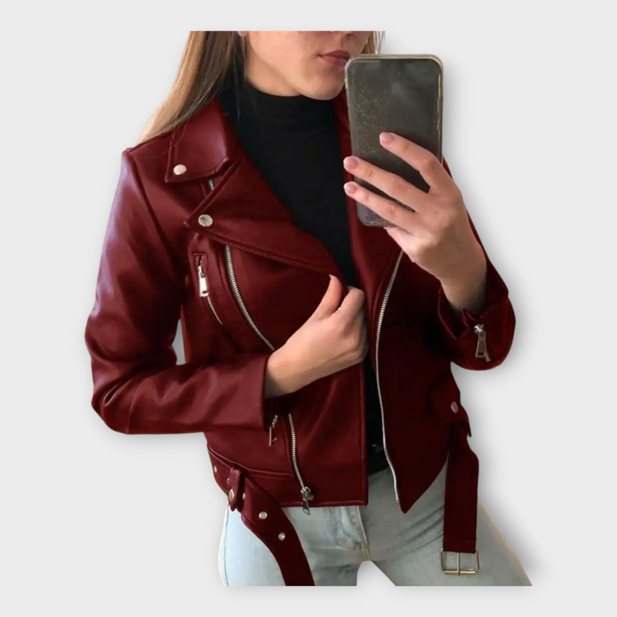 Chaqueta de cuero moderna con cinturón y cremallera