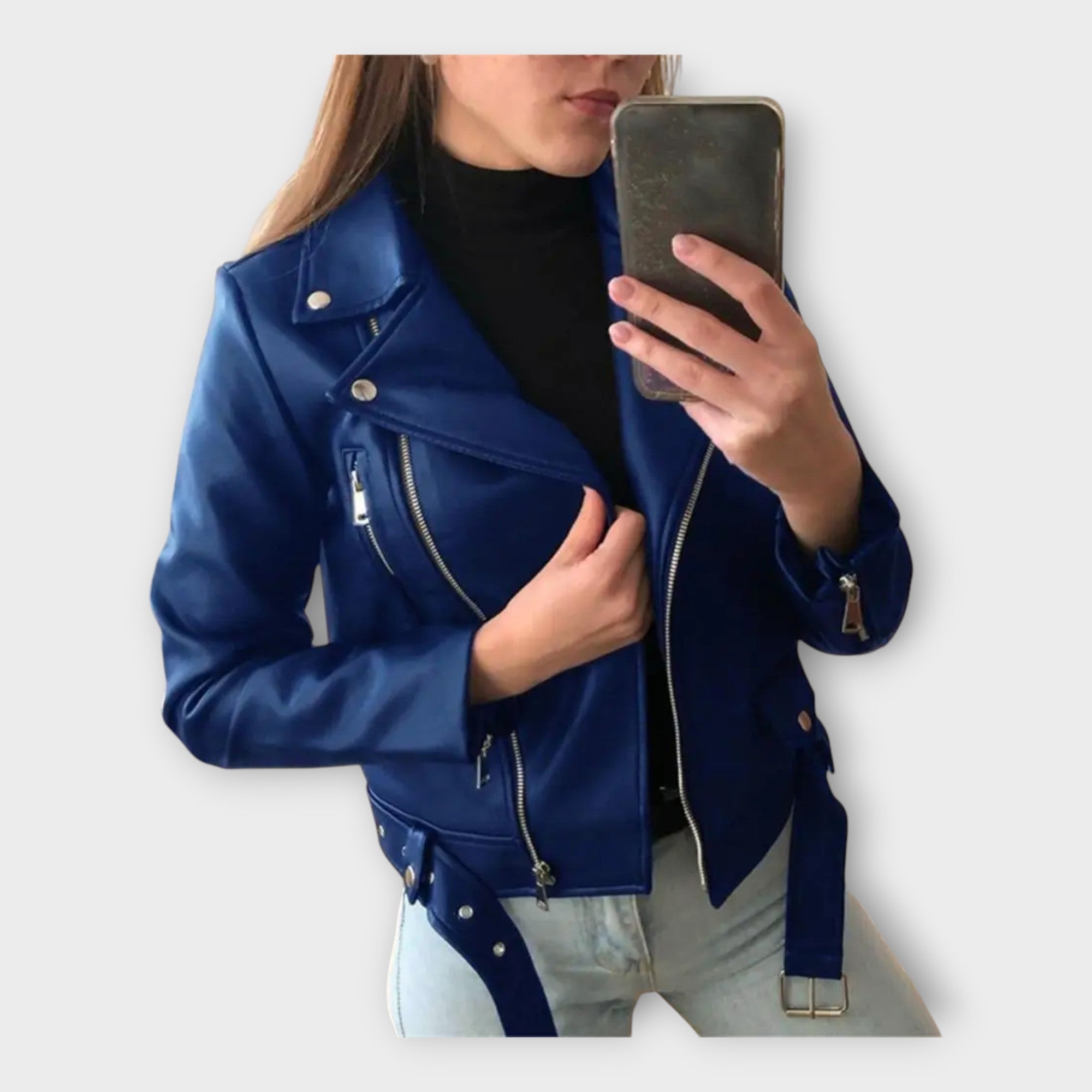 Chaqueta de cuero moderna con cinturón y cremallera
