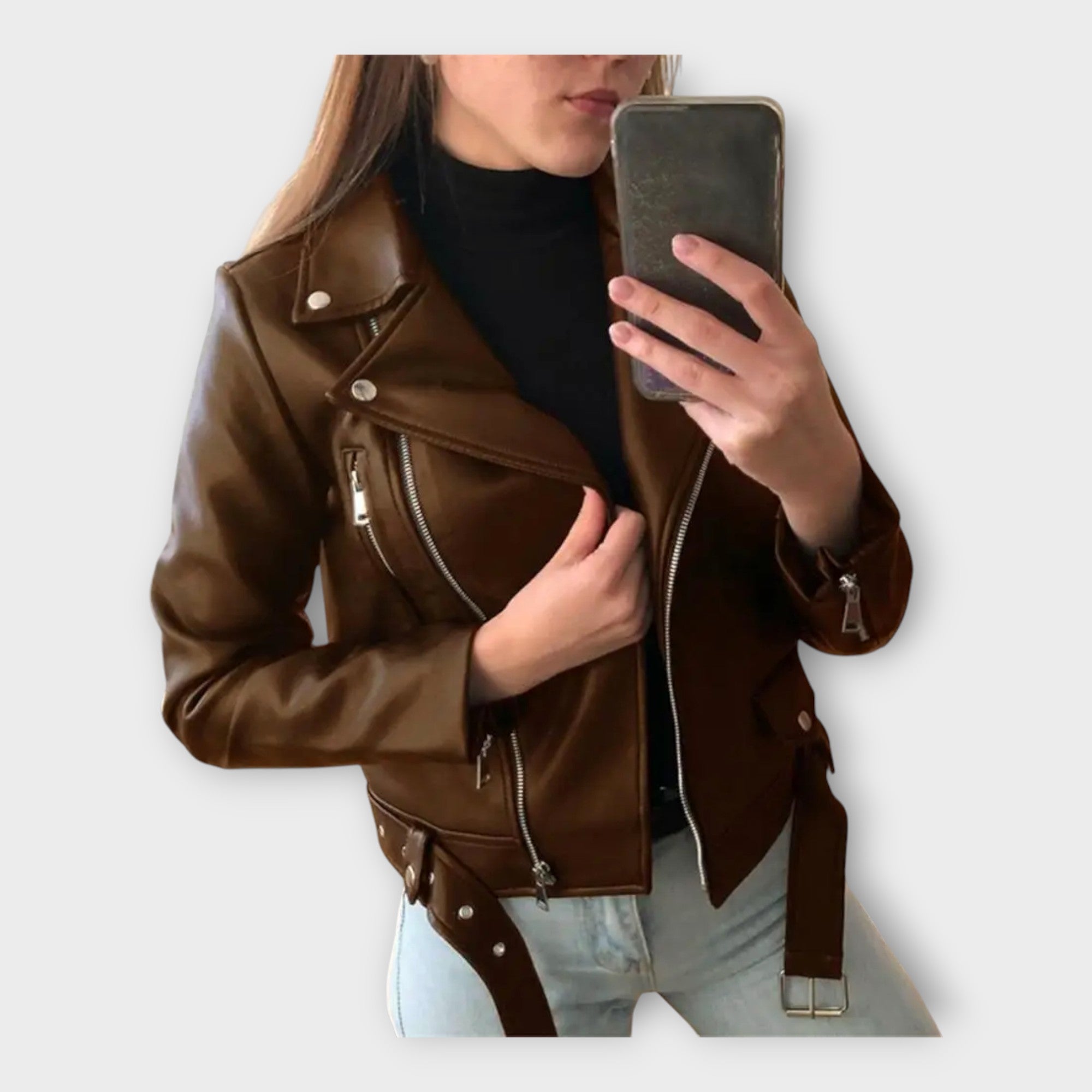 Chaqueta de cuero moderna con cinturón y cremallera