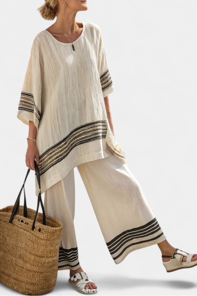 Conjunto mediterráneo de margaritas de lino y bambú con elegantes rayas rojas y verdes