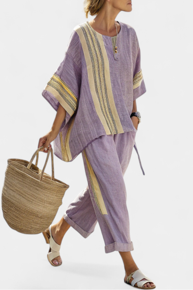 Juego de lino de bambú con encantadores detalles de rayas en lavanda y amarillo.