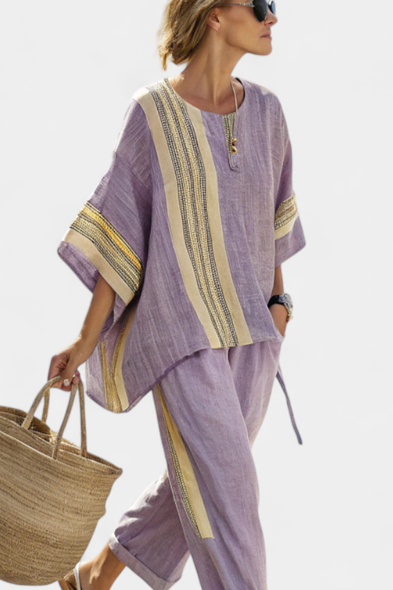 Juego de lino de bambú con encantadores detalles de rayas en lavanda y amarillo.