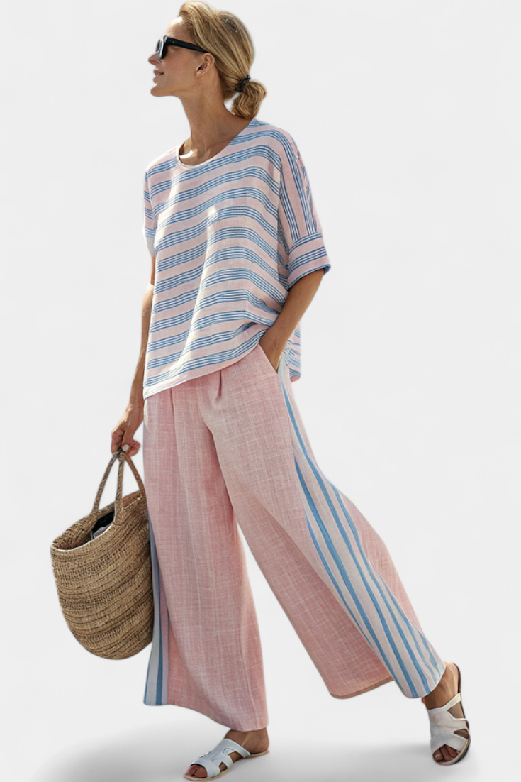 Juego de lino de bambú mediterráneo Daisy en rosa suave con elegantes rayas azules
