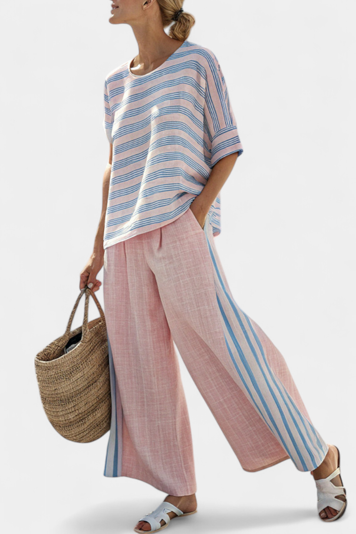 Juego de lino de bambú mediterráneo Daisy en rosa suave con elegantes rayas azules