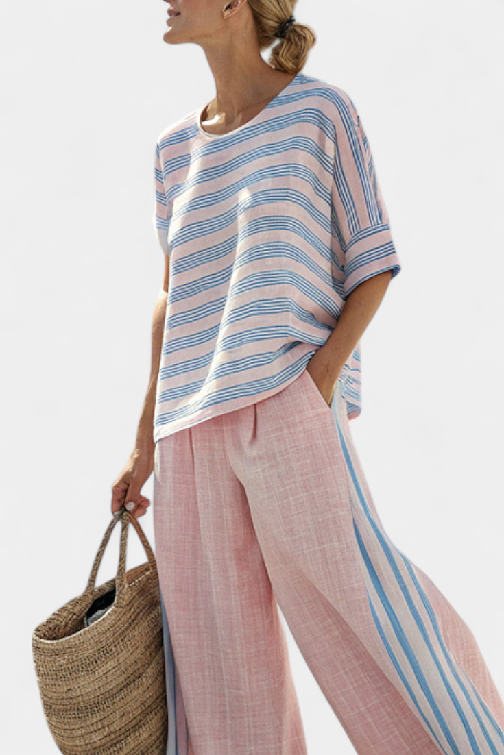 Juego de lino de bambú mediterráneo Daisy en rosa suave con elegantes rayas azules