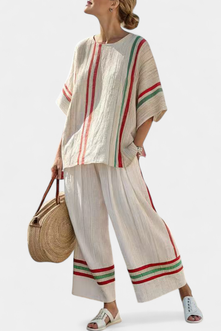 Conjunto mediterráneo de margaritas de lino y bambú con elegantes rayas rojas y verdes