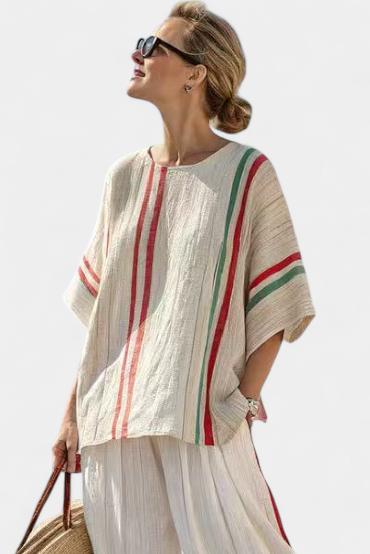 Conjunto mediterráneo de margaritas de lino y bambú con elegantes rayas rojas y verdes