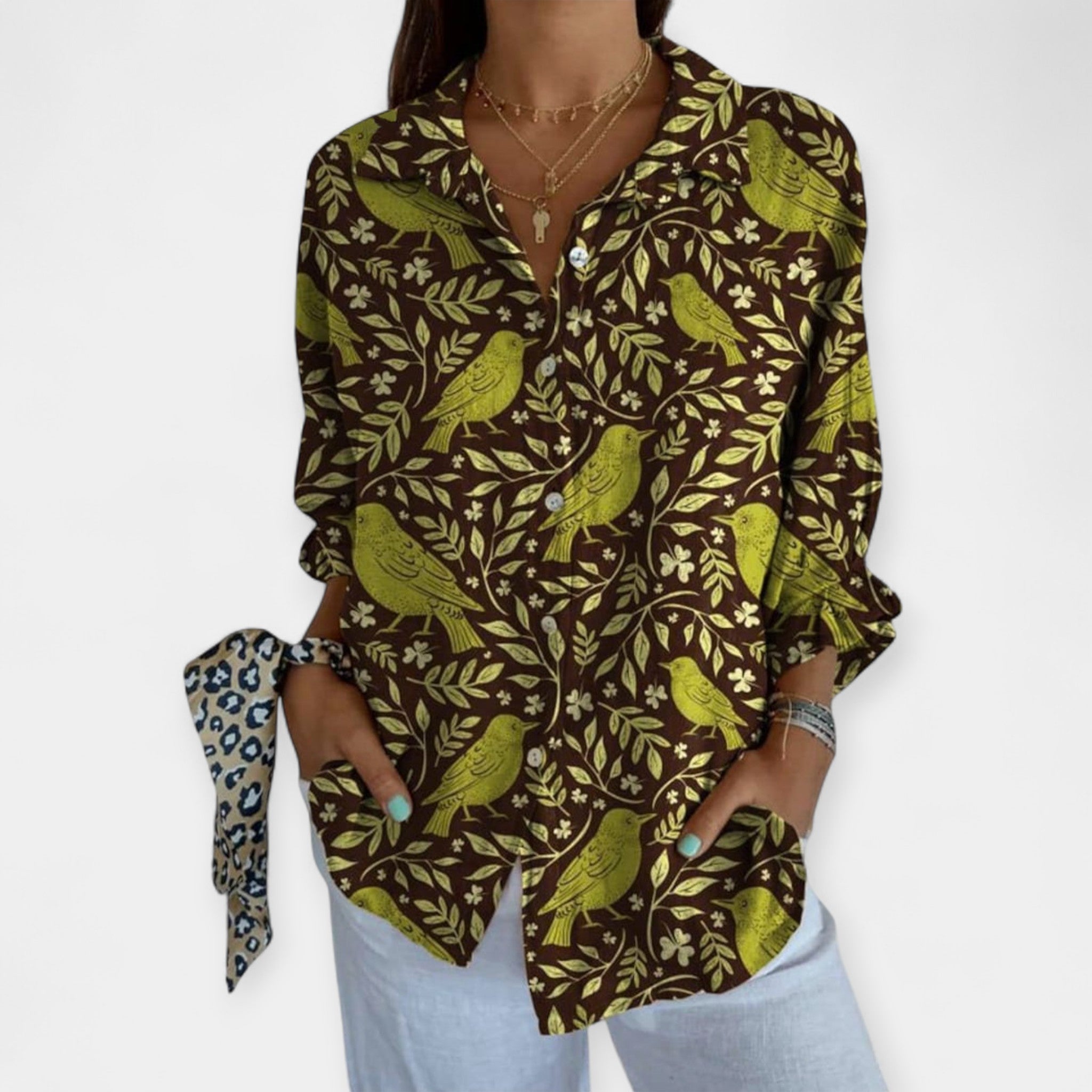 Camisa de Lino con Estampado Floral y Pájaros