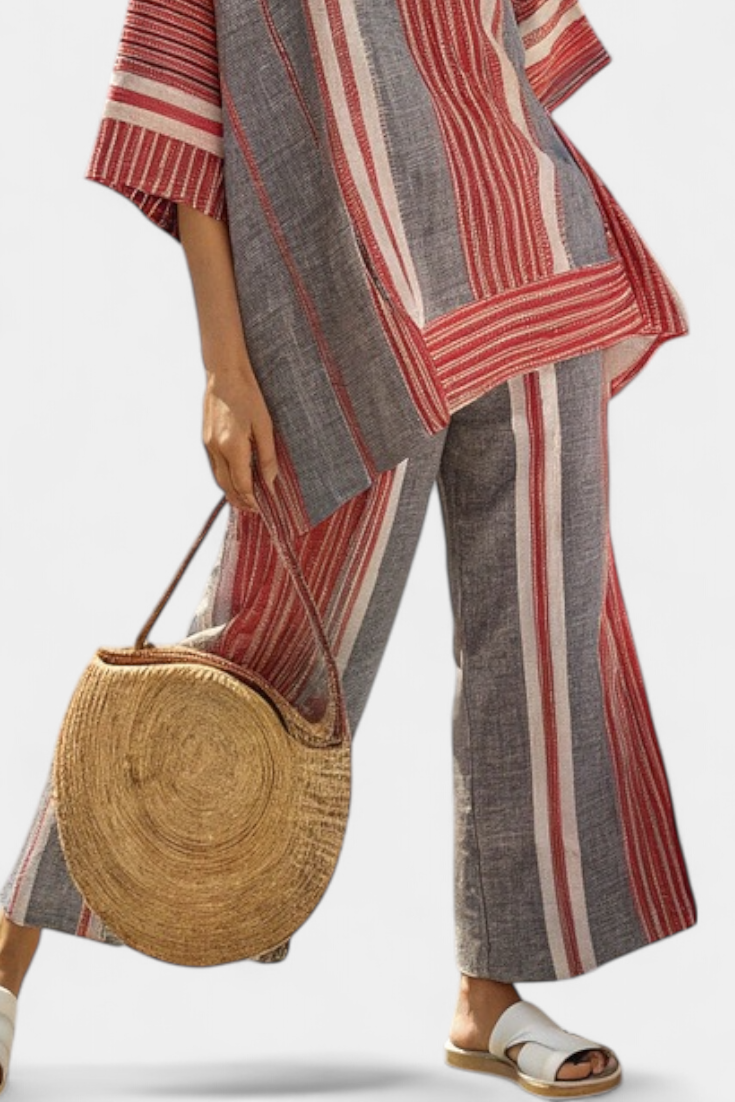 Peto extragrande de lino Daisy con rayas coral y grises, estilo moderno y cómodo.