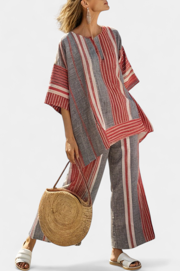 Peto extragrande de lino Daisy con rayas coral y grises, estilo moderno y cómodo.