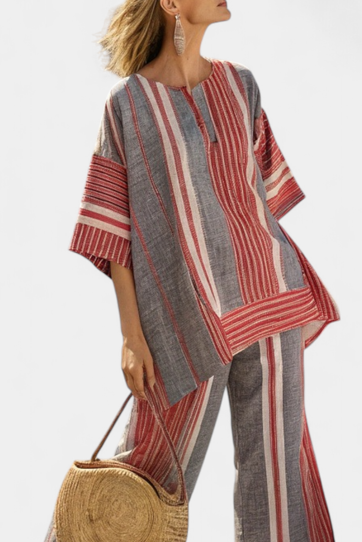 Peto extragrande de lino Daisy con rayas coral y grises, estilo moderno y cómodo.