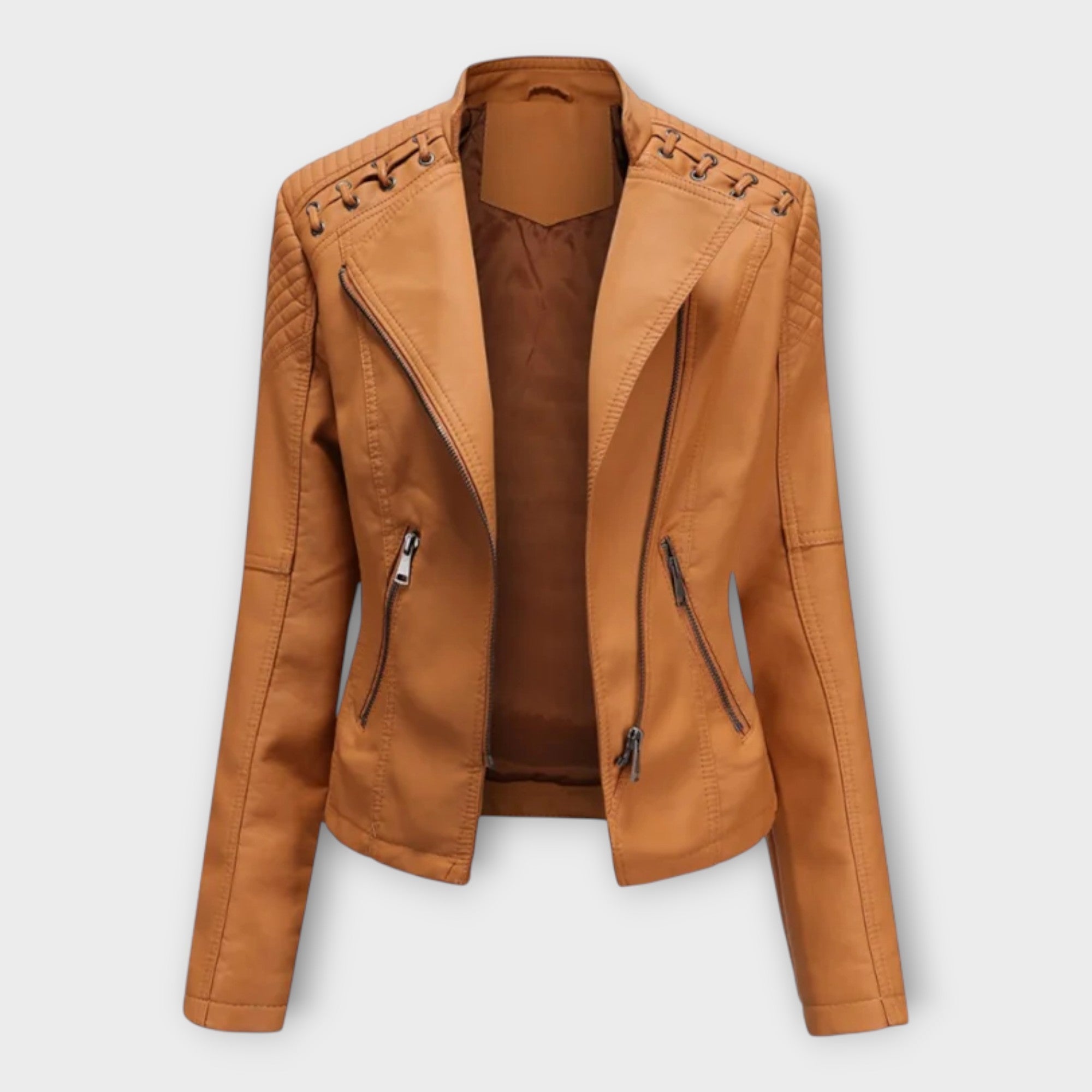 Chaqueta de cuero moderna con una línea elegante y un refinamiento atemporal