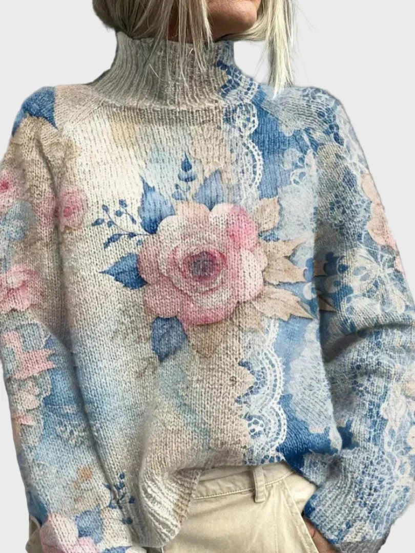 Elegante jersey de cuello alto de punto con detalles de encaje