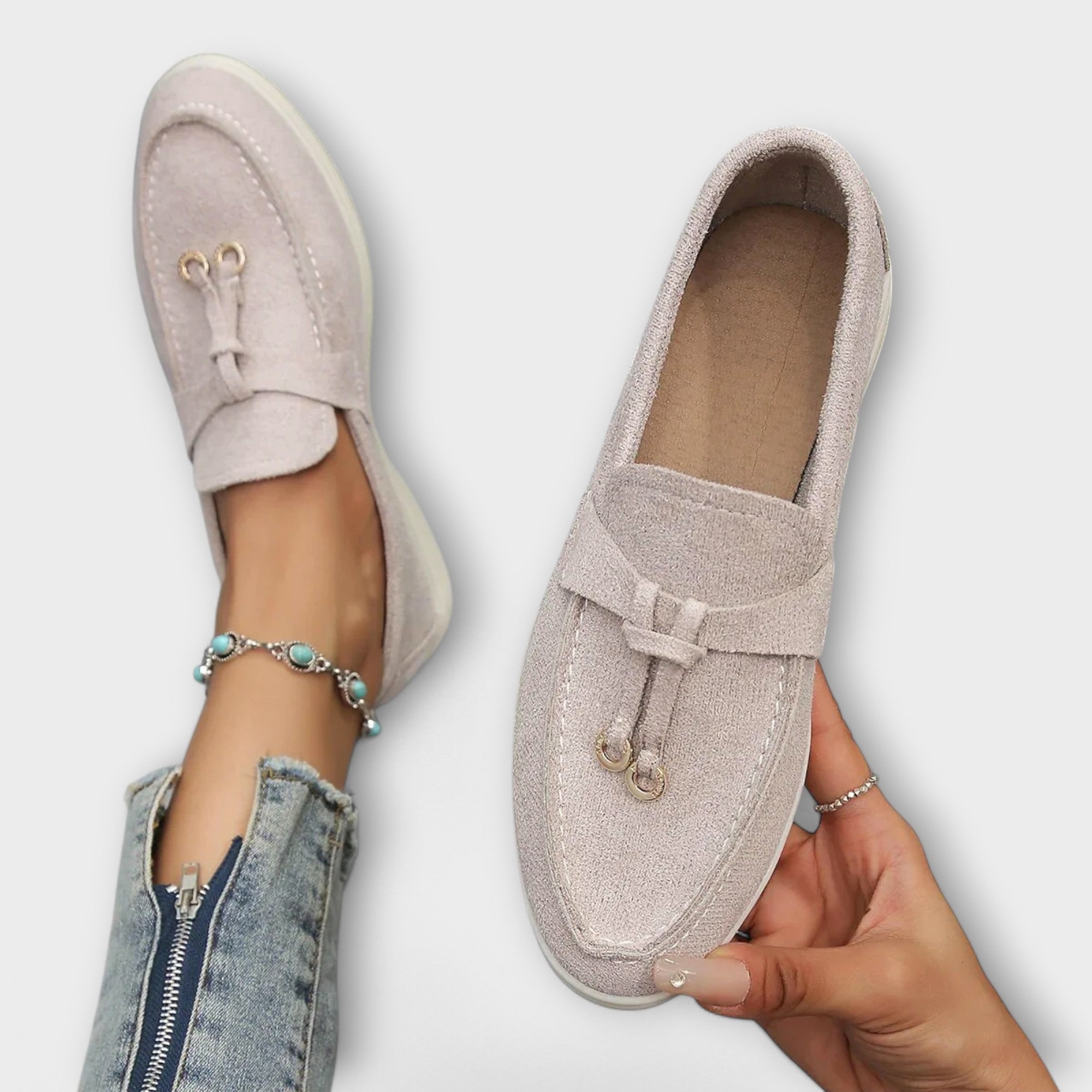 Mocasines beige para mujer con encaje decorativo