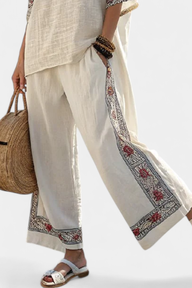 Conjunto mediterráneo de margaritas de lino y bambú con elegantes rayas rojas y verdes